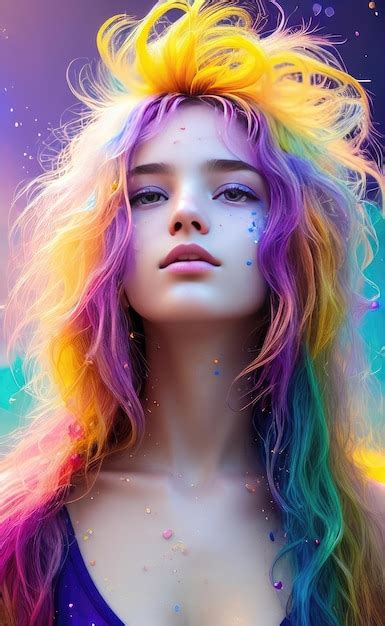 Premium Ai Image Beautiful Girl With Multicolored Long Hair Generative Ai