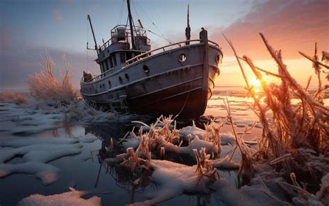 Premium Ai Image A Boat Sitting On Top Of A Frozen Lake Ai