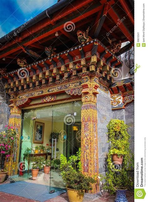 Traditional Bhutanese Architecture with Flowers in Thimphu, Bhutan