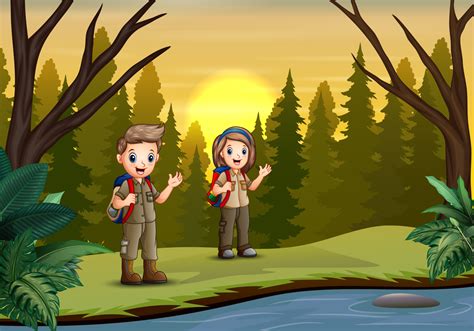 The Scout Boy And Girl Hiking In The Forest Vector Art At Vecteezy