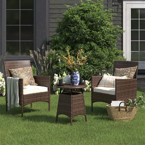 Barton 3 Piece Outdoor Wicker Bistro Patio Furniture Set With Cushions