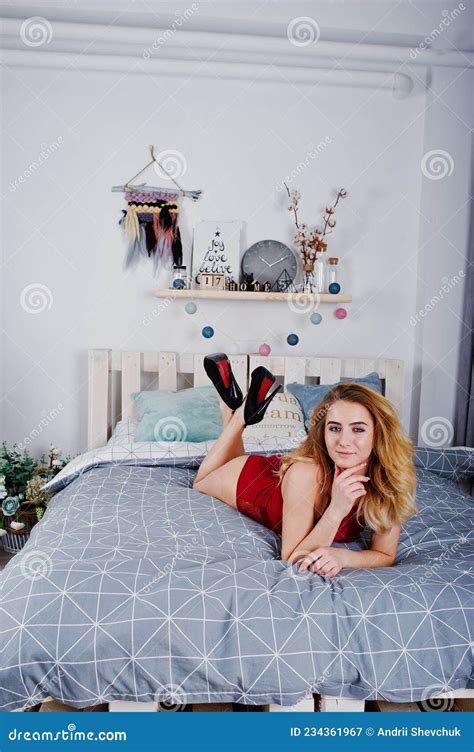 Blonde Model In Red Lingerie Stock Image Image Of Adorable Sexi