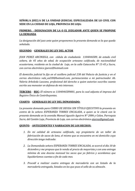 Demanda Procedimiento Monitorio SEÑOR A JUEZ A DE LA UNIDAD JUDICIAL