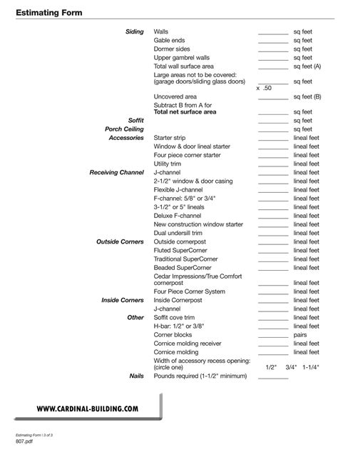 Vinyl Siding Material Worksheet