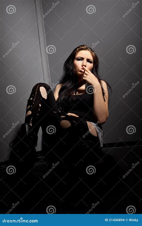 Beauty Sad Grunge Girl Sit in Corner and Smoke Stock Photo - Image of ...