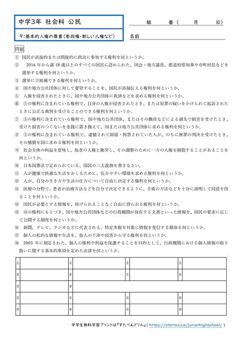 中3社会「基本的人権の尊重」プリント 無料ダウンロード・印刷