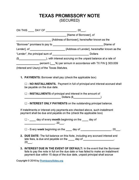 Texas Secured Promissory Note Template Promissory Notes Texas Promissory Note Template Doc