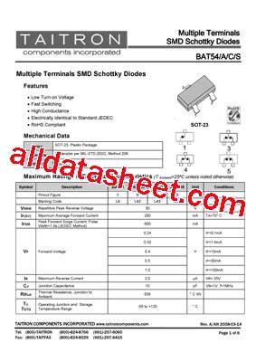 BAT54C Datasheet PDF TAITRON Components Incorporated