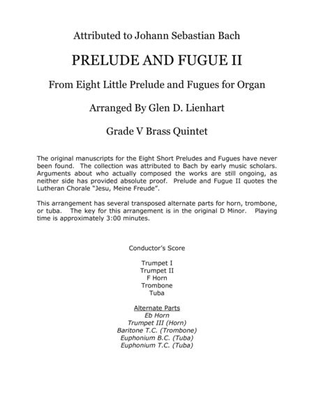 Prelude And Fugue II Brass Quintet Arr Glen D Lienhart Sheet