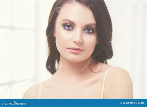Beautiful Brunette Lying On Bed At Home Stock Photo Image Of Panties Fashion