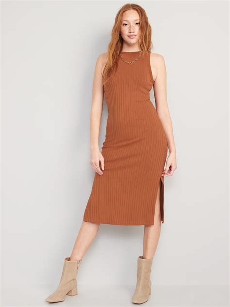 A Sweater Dress With A Side Slit Old Navy Fitted Sleeveless Rib Knit