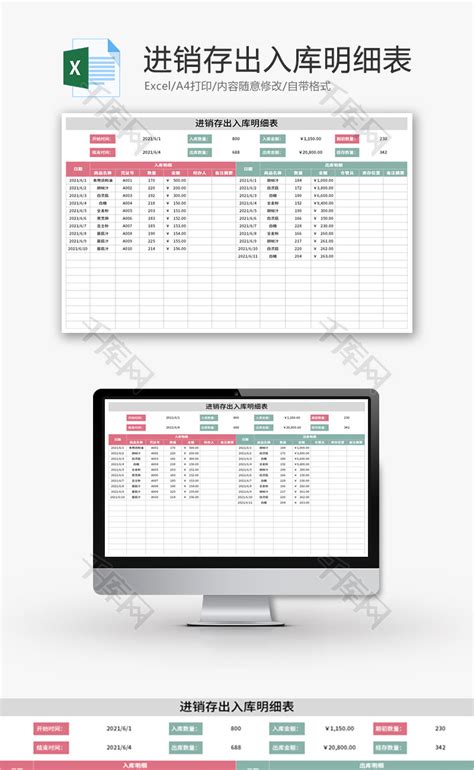 进销存出入库明细表excel模板千库网excelid：147988