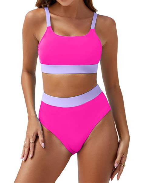 Bluetime Women Bikini Sets Piece High Waisted Color Block Sporty