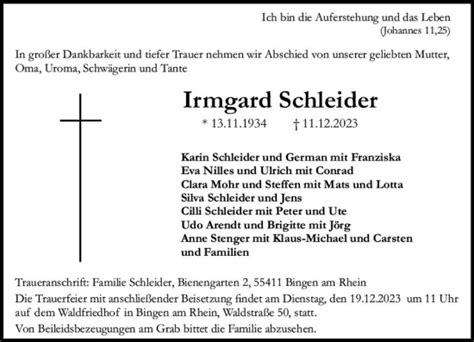 Traueranzeigen Von Irmgard Schleider Vrm Trauer De