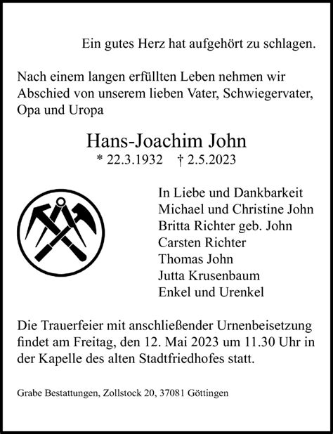 Traueranzeigen Von Hans Joachim John Trauer Anzeigen De