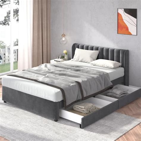 BM Lit Double Adulte 140x200cm Avec 2 Tiroirs En Velours Gris Lit