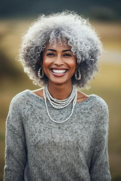 Premium Photo A Woman With Gray Hair And A Pearl Necklace On Her Neck