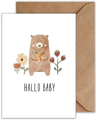 Glückwunschkarte Geburt Hallo Baby Geburt Klappkarte Bär Blumen