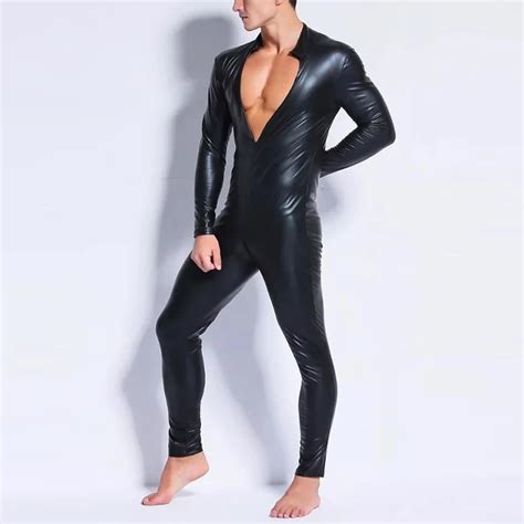 Costume Catsuit en cuir verni à manches longues noir fermeture éclair