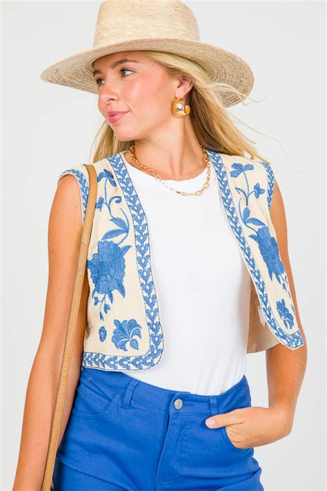 Floral Embroidery Vest Blue Sale The Blue Door Boutique