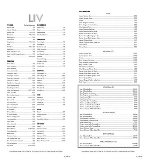 LIV Las Vegas Bottle Service Pricing Menu VIP Reservations