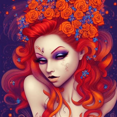 Whimsical Detailed Fantasy Pinup Goth Orange Ombre Hair With Flowers And Glitter · Creative Fabrica