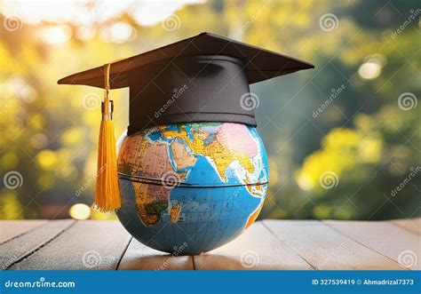 Graduated Hat And World Globe On The Desk With Blur Background Stock