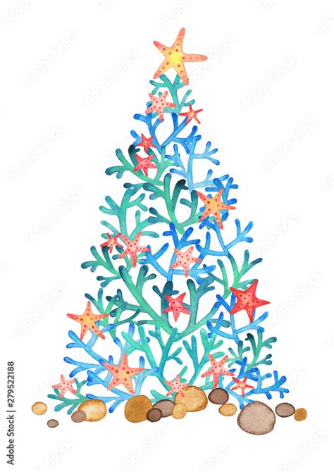 Coral Christmas Tree With Starfish Watercolor Hand Painting On White