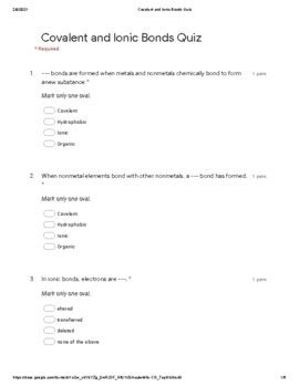 Ionic And Covalent Bonds Quiz Pdf Printable By Hemlock Science Shop