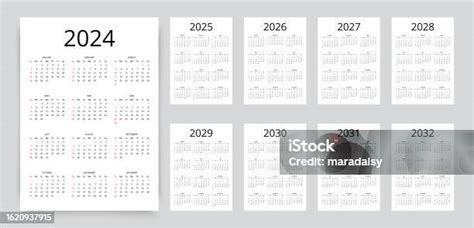 2024년 2025년 2026년 2027년 2028년 2029년 2030년 2031년 2032년 달력 템플릿 연간 플래너입니다 벡터 그림입니다 0명에 대한 스톡 벡터 아트