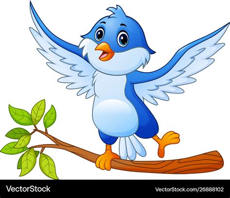 Cartoon Blue Bird Standing On Tree Branch And Posi