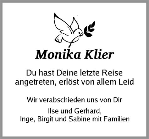 Traueranzeigen Von Monika Klier Trauer Nn De