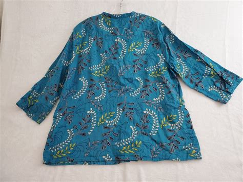 Croft Barrow Womens Tunic Blouse 1X Blue Colorful Paisley 3 4 Sleeve