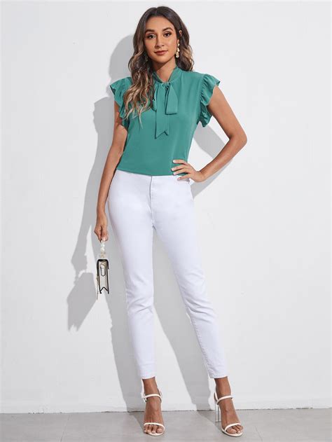 Shein Priv Tie Neck Ruffle Armhole Solid Top Shein Usa