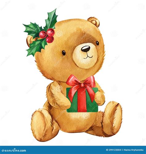 Christmas Teddy Bear In Santa Claus Hat With Gift Box Watercolor