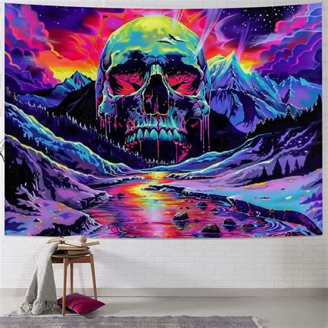 PIKWEEK Blacklight Skull Tapestry UV Reactive Skeleton Tapestry Starry