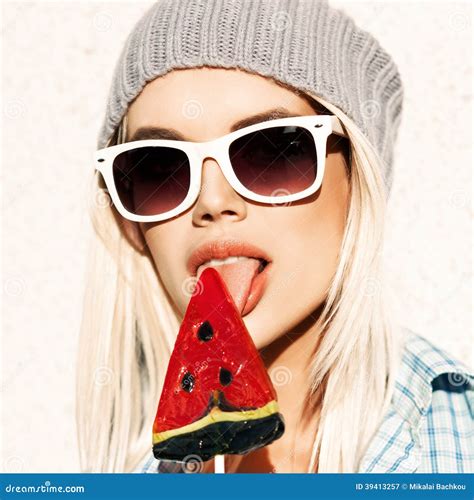 Beautiful Blonde Girl In Beanie Hat With Smokey Eye Make Up Who Stock