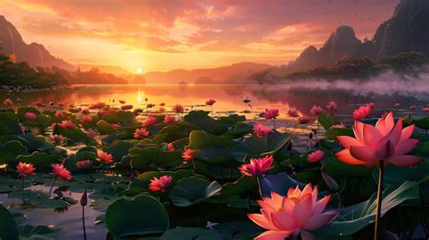 Premium Photo A Sunset Over A Lake With Pink Water Lilies And