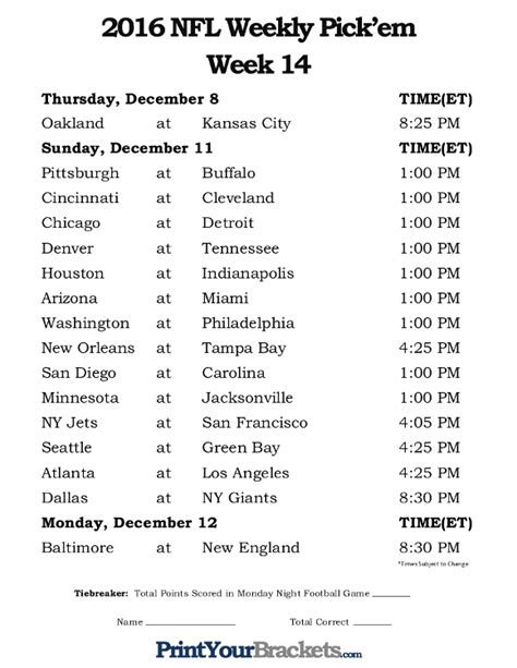 Printable Nfl Week 14 Schedule Pick Em Office Pool 2016