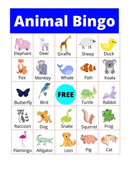 Bingo Template Instant Animal Bingo Printable Animal Bingo Etsy