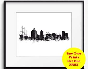 Melbourne Skyline Watercolor Black And White Art Print Etsy