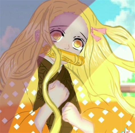 an anime character with long blonde hair holding a yellow object in her hand and looking at the ...