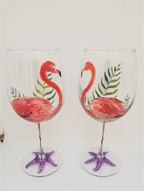 Pink Flamingo hand painted wine glasses nature tropical love | Etsy