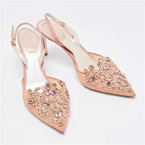 Ren Caovilla Pink Lace And Leather Crystal Embellished Slingback Pumps