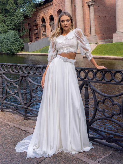 Two Piece Bridal Set With Lace Crop Top And Flowy Skirt