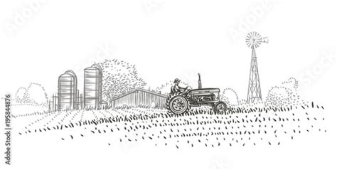 Farmer Driving A Tractor In The Field Near The Farm Hand Drawn