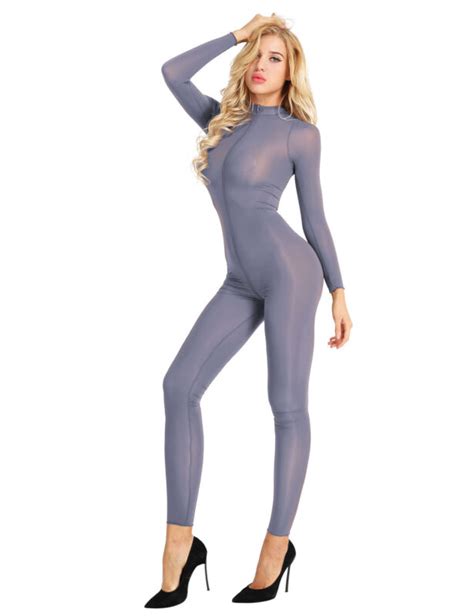 Sexy Womens Sheer Lingerie Catsuit Bodysuit Zipper Jumpsuit Adult