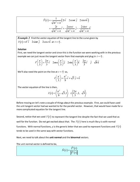 Solution Tangent Normal And Binormal Vectors Notes And Solved Examples