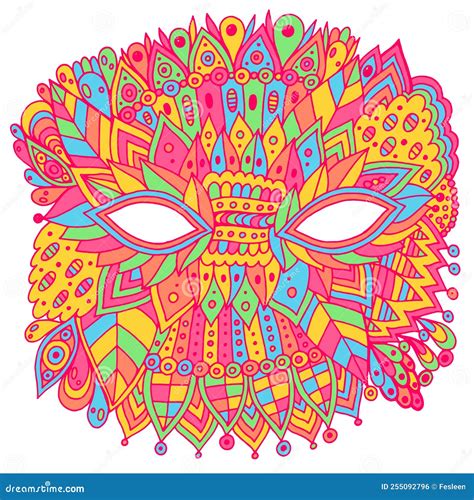 Mardi Gras Fantasy Mask Outline Isolated Element Doodle Line Artwork Colorful Psychedelic