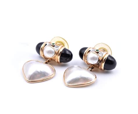 14 Karat Yellow Gold Mabe Pearl Earrings With Onyx Emerald And